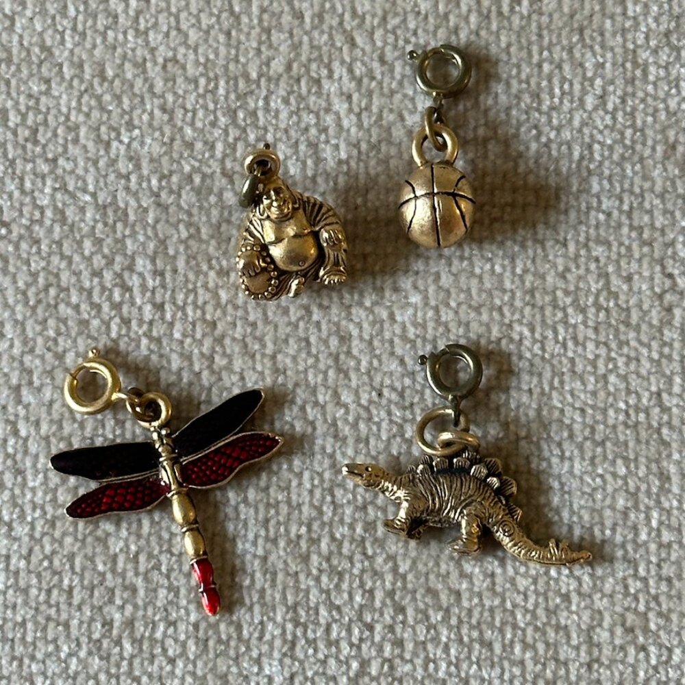 Pewter Gold Tone tiny charm lot Buddha Dragonfly Basketball Stegosaurus Dinosaur